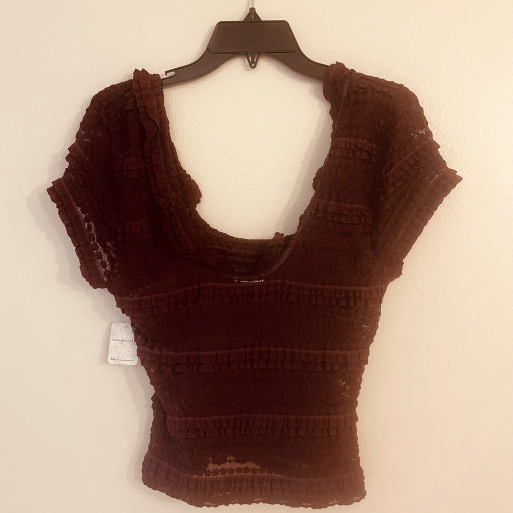 Free People Textured Ruffle Lace Top | Deep Wine | Size M | NWT